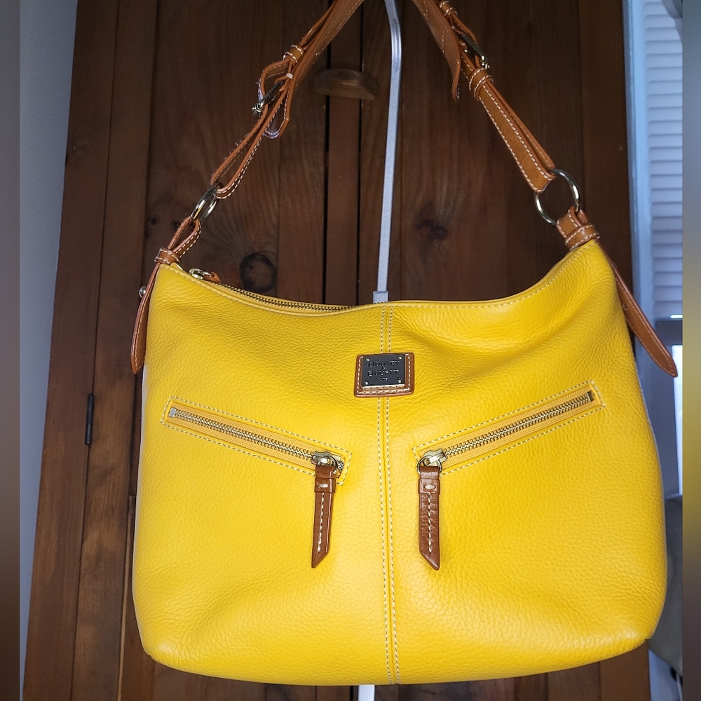 Dooney and‎ Bourke Yellow Pebble Leather Shoulder Bag with Contrast Straps